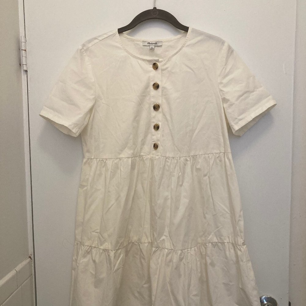 NWT Madewell XS White Button-Front Short-Sleeve Tiered Mini Dress